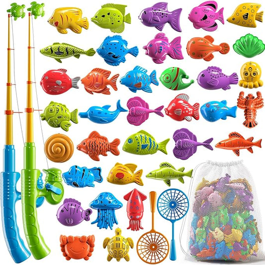 Magnetic Fishing Game Pool Toys for Kids 3-5, Water Table Bathtub Kiddie Party Toy with Pole Rod Net Plastic Floating Fish, Outdoor Toys for Boys Girls Kids Age 3 4 5 6 7 8 Year Old