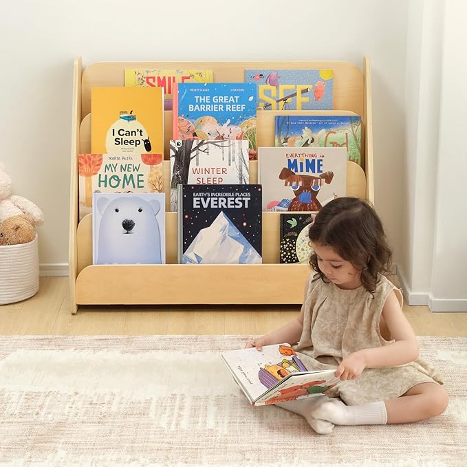 OOOK Kids Bookshelf, Wooden 4-Tier Front Facing Book Display Shelf for Kids, Toddler Montessori Bookshelf for Classroom, Playroom, Nursery