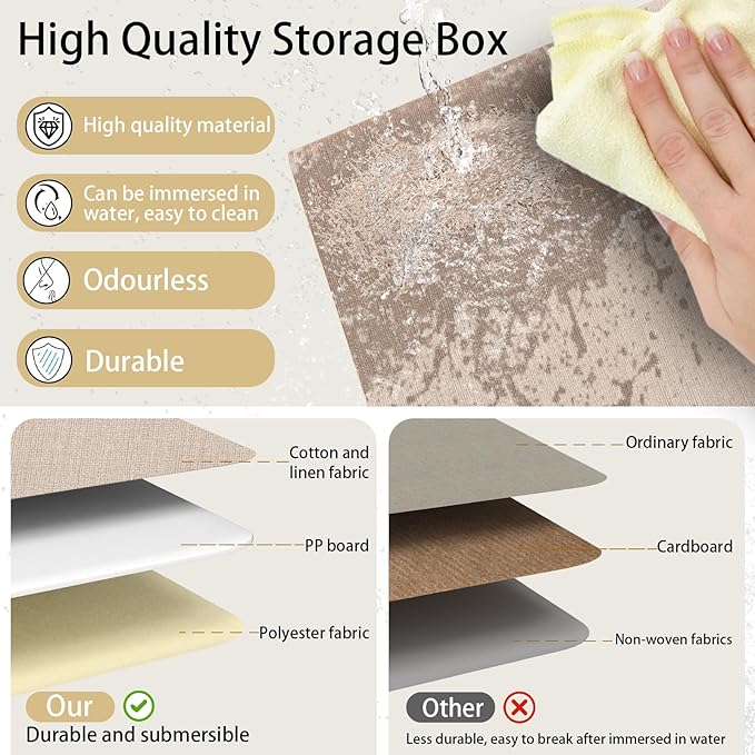 Yawinhe Collapsible Storage Boxes, Linen Fabric Baskets, Bin with lid and Leather Handle, Washable, for Home, Closet, Beige, 17.7''Lx11.8''Wx11.8''H, 5-Pack, USNK024BEX-5