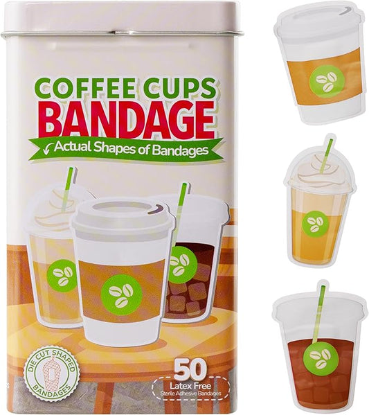 BioSwiss Bandages, Coffee Cup Shaped Self Adhesive Bandage, Latex Free Sterile Wound Care, Fun First Aid Kit Supplies for Kids, 50 Count