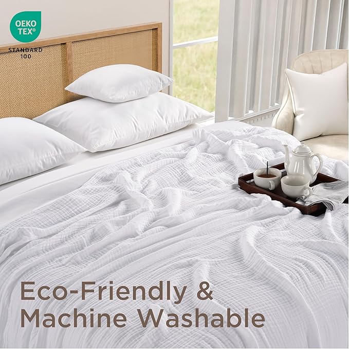 Threadmill Muslin Twin Blanket | Soft, Breathable and Lightweight Summer Blanket | 4-Layer Gauze for Kids and Adults | Twin Size | White