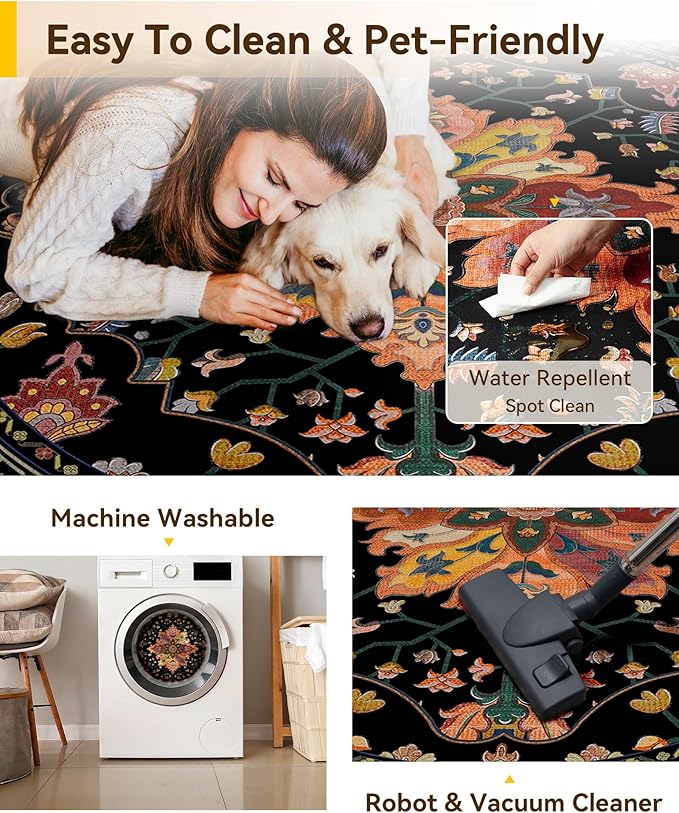 RELEANY Area Rugs Round 8ft Washable Non-Slip, Floral Vintage Distress Print - Image 5