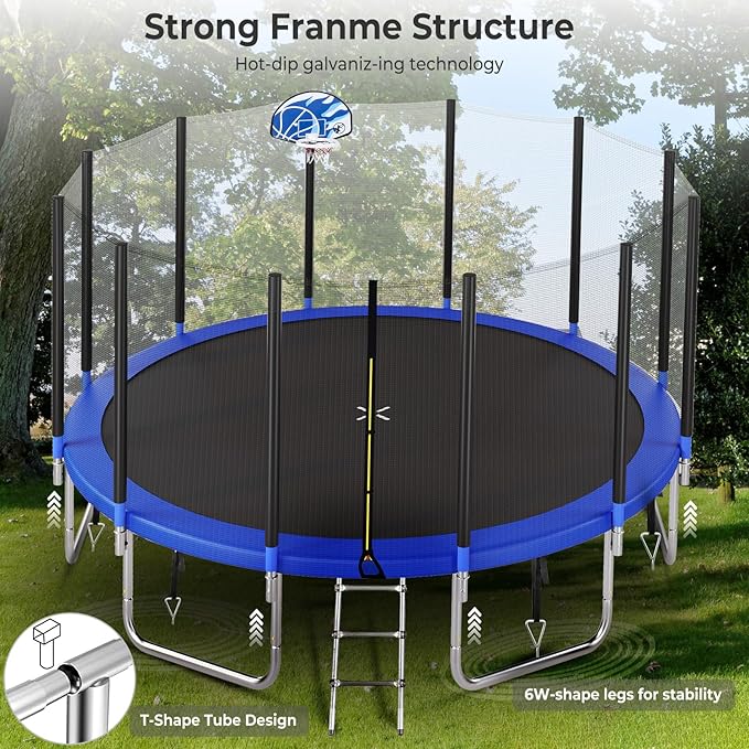 Upgraded 16FT 15FT 14FT 12FT 10FT 8FT Trampoline Outdoor with Basketball Hoop and Net, Capacity for 4-6 Kids and Adults