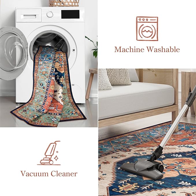 Lahome Oriental Washable Rug 6x9, Non-Slip Ultra-Thin Living Room Area Rug, Stain Resistant Vintage Carpet for Bedroom Dining Room Office