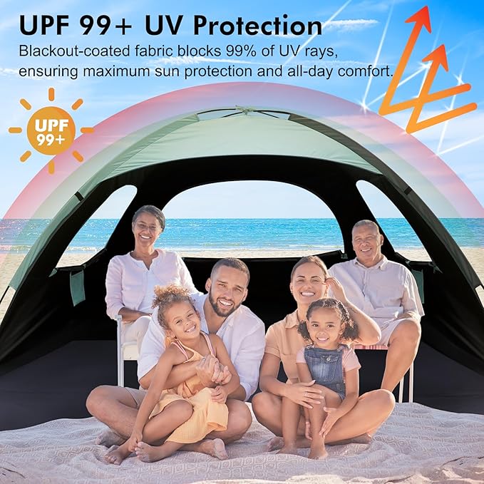 WhiteFang Beach Tent Anti-UV Portable Sun Shade Shelter for 3/4/6/8 Person, Extendable Floor with 3 Ventilating Mesh Windows Plus Carrying Bag, Stakes and Guy Lines