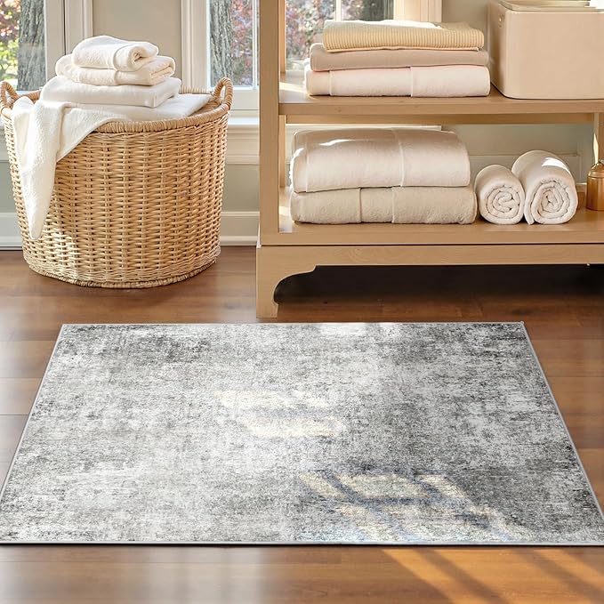 Washable Area Rugs 2'x3' Non-Slip Modern Abstract Soft for Living Room Entryway Bedroom Nursery, Print Pattern, Gray White Grey