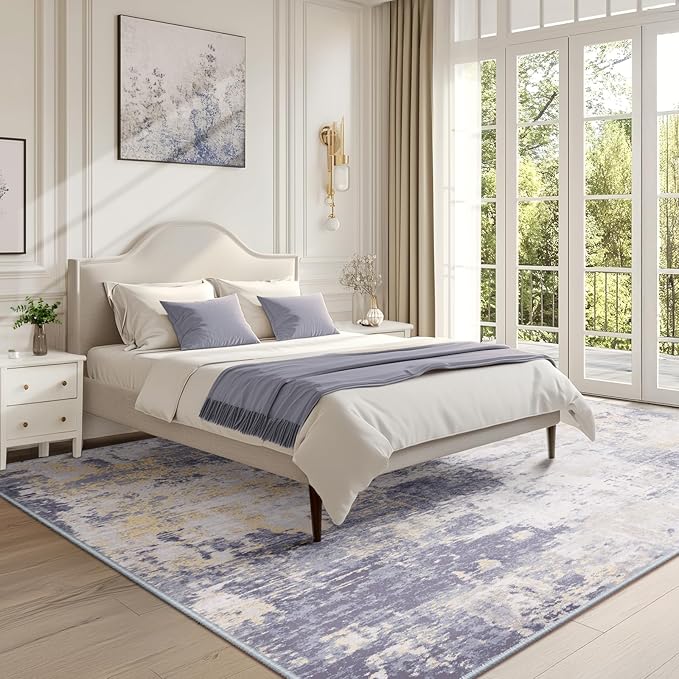 Washable Area Rugs 8'x10' Non-Slip Modern Abstract Soft for Living Room Entryway Bedroom Nursery, Print Pattern, Purple Grey Cream Yellow