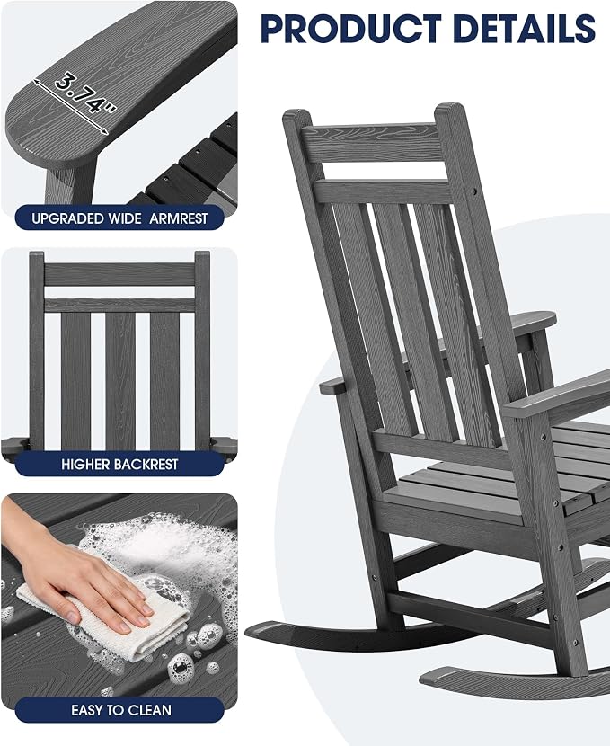 KINGYES Oversized Outdoor Rocking Chair Set of 2, All-Weather Patio Rocking - Image 6