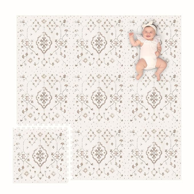 Lillefolk Baby Play Mat for Floor – 6x6ft Vintage Coffee | Soft Non Toxic Premium EVA Foam Tiles for Tummy Time, Crawling & Playroom – Waterproof Floor Mat for Babies & Toddlers (9 Tiles)
