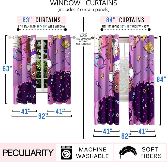 Cartoon Printed Curtains for Bedroom, 82 x 84 inches, Blackout, Grommet Top, 2 Piece Set, Girls Room Curtains, Thermal Insulated