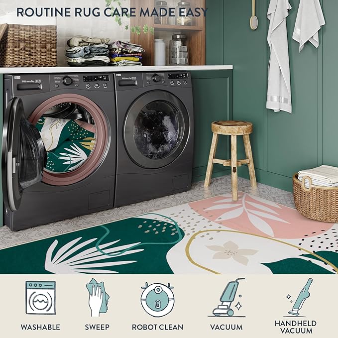 Lahome Washable 8x10 Rug - Non-Slip Living Room Rugs 8x10 Ultra-Thin Large Soft Bedroom Rugs, Boho Botanical Print Indoor Stain Resistant Floor Rug for Dining Room Table Office (8'x10',Green/Pink)