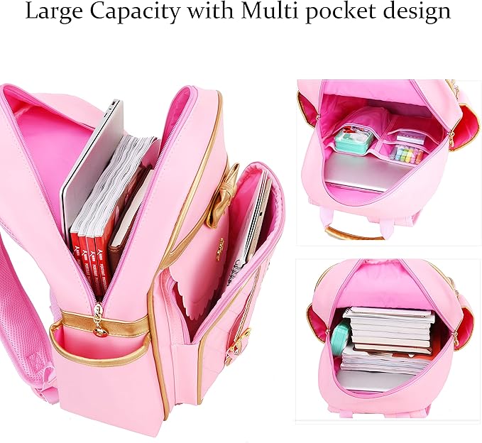 Gazigo Children Princess Waterproof PU Backpack for Girls Elementary School Girl Bookbags