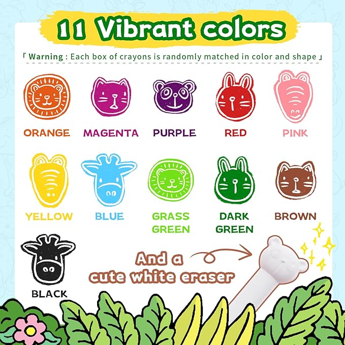 R&DLanci Animal Crayons for Kids, 11-colors Washable Crayon Set with Eraser & Drawing Paper, Non-Toxic Crayon, Easy to Hold, Mess-Free Crayons for Toddlers, Art Supplies for Toddlers and Kids Ages 3+
