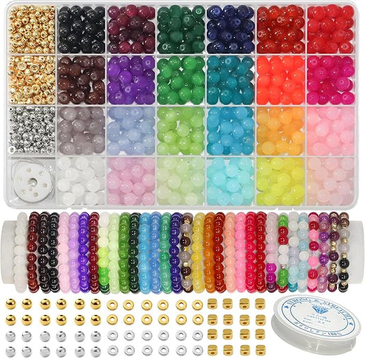 JULIMAIDONG 8mm Glass Beads for Bracelets 1000pcs, 24 Colors Round Crystal Glass Bracelet Beads Making Kit for Jewelry Making Kits Bead DIY Crafts with Spacer Charms Accessories (8MM, 24 Color)