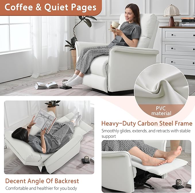 Manual Rocker Recliner Chair with Glider Motion for Nursery, 150° Recline & Wide Armrests - Overstuffed Leather Nursery Chair for Small Spaces, Living Room, Bedroom