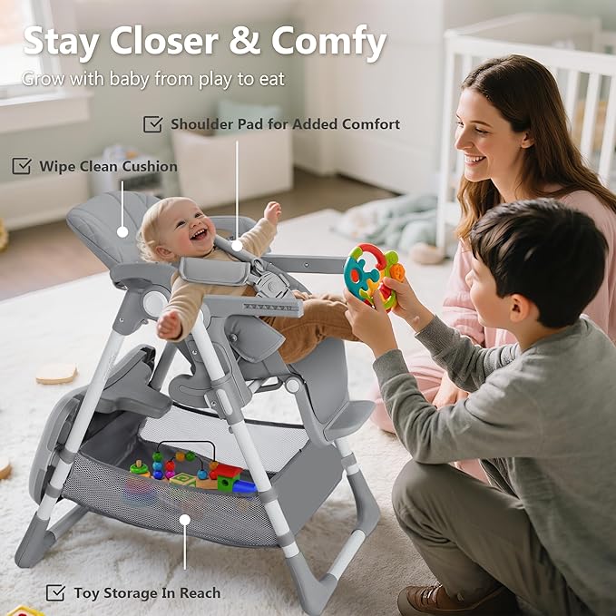 Kinder King Convertible Baby High Chair, Adjustable Feeding Chair for Babies and Toddlers with Removable Double Tray, Simple Compact Fold for Space-Saving, 2 Built-in Wheels, Easy to Clean, Gray