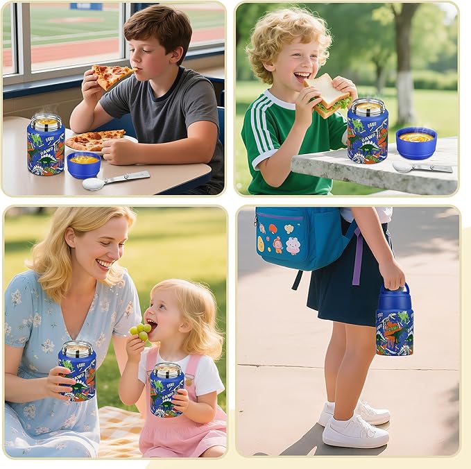 Soup Thermo for Hot Food Kids 16oz Insulated Food Jar Leakproof Thermo Lunch Container for Kids Wide-Mouth Stainless Steel Lunch Box for School with Handle Folding Spoon(3+)