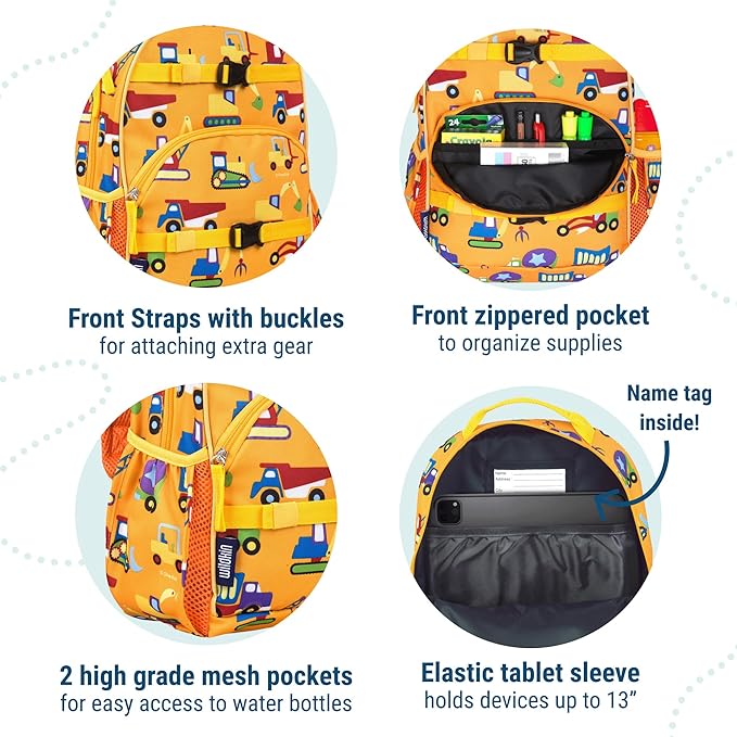 Wildkin ECO rPET 15-inch Kids Backpack – Sustainable, Padded, Adjustable – Under Construction