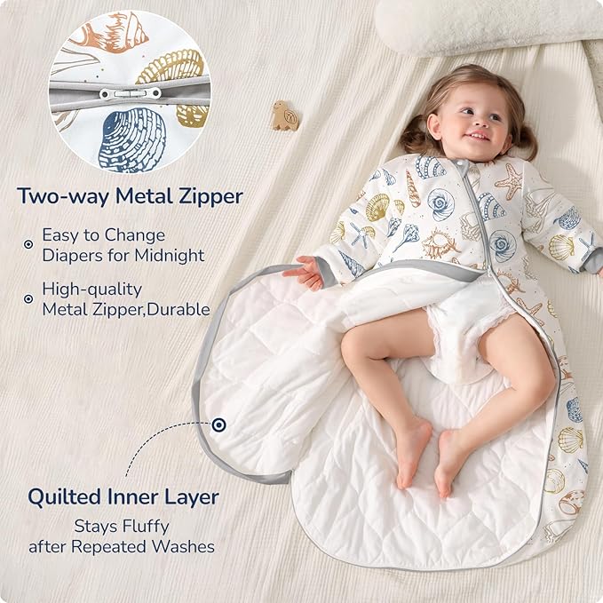 Baby Sleep Sack 3-6 Months, Cotton Detachable Long Sleeve Sleep Sack, 2.5 Tog Toddler Sleeping Sack with Temperature Strips, 2-Way Zipper Wearable Blankets for Newborns, Ocean