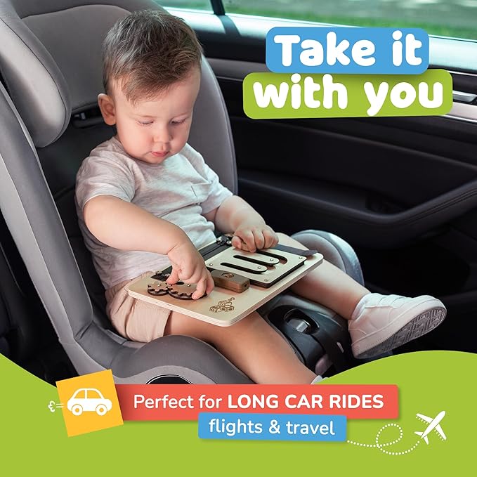 deMoca Baby Busy Board for 1 Year Old, Premium Montessori Toddler Travel Toy with Educational Activities, Sensory Travel Toys for Toddlers 1-3, Wooden Busy Board, Gift for Boy & Girl