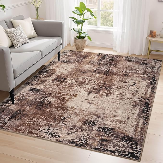 Living Room Rugs 5x7 Brown Washable Area Rug, Abstract Modern Bedroom Rugs Coffee Non Slip Stain Resistant Neutral Large Carpet for Nursery, Dining, Kids Playroom, Dining Room, Office