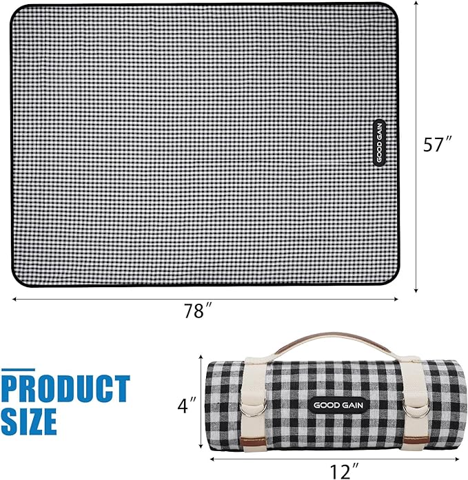Picnic Outdoor Blankets Waterproof Extra Large - Beach Mat Sand Free Foldable with Carry Strap | Portable Camping Blanket | Park Blanket for Grass Park, Hiking, Travel, Concerts, Indoor (Black)