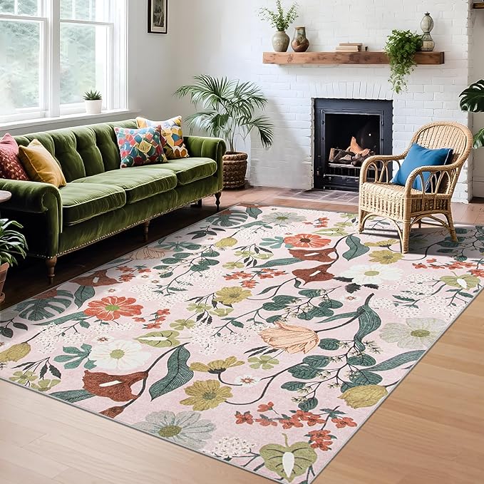 Area Rug Living Room Rugs: 6x9 Washable Rug Vintage Floral Soft Boho Non Slip Carpet Indoor Floor Non Shedding Low Pile Thin Carpets for Bedroom Dining Room Farmhouse Nursery Home Office Light Pink