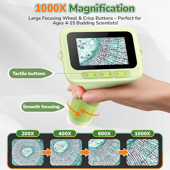3.0" Screen Digital Microscope for Kids: 1000X Rechargeable Mini Pocket Portable Miniscope Magnifying Glass 4K Coin Jewelry Loupe Edu Science STEM Toy Xmas Gift 4-12 Boys Girls