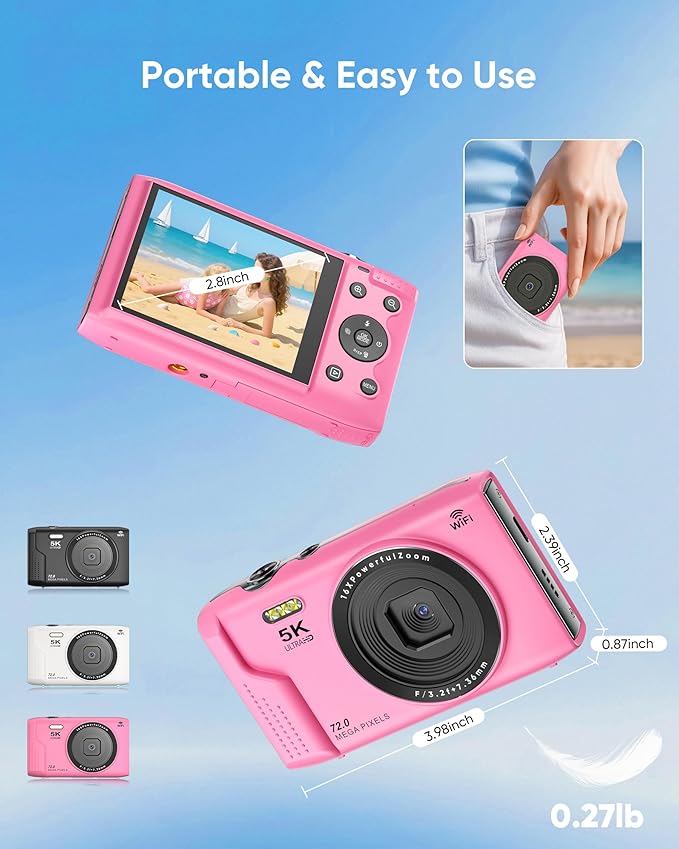 T TAKMLY Digital Camera 5K, Autofocus 16x Zoom 72MP Point and Shoot Cameras Compact Portable with Flash for Kids Boys Girls Teens Students, Anti Shake 2.8'' Screen, 64GB Card Include, Pink