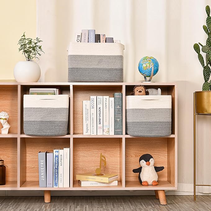 Storage Baskets for Organizing Shelves, Woven Cotton Rope Baskets for Storage Books Towels Toys, Organizing Baskets, Toy Basket for Nursery Bathroom, 15"x11"x9.5", 3 Packs, Gradient Grey