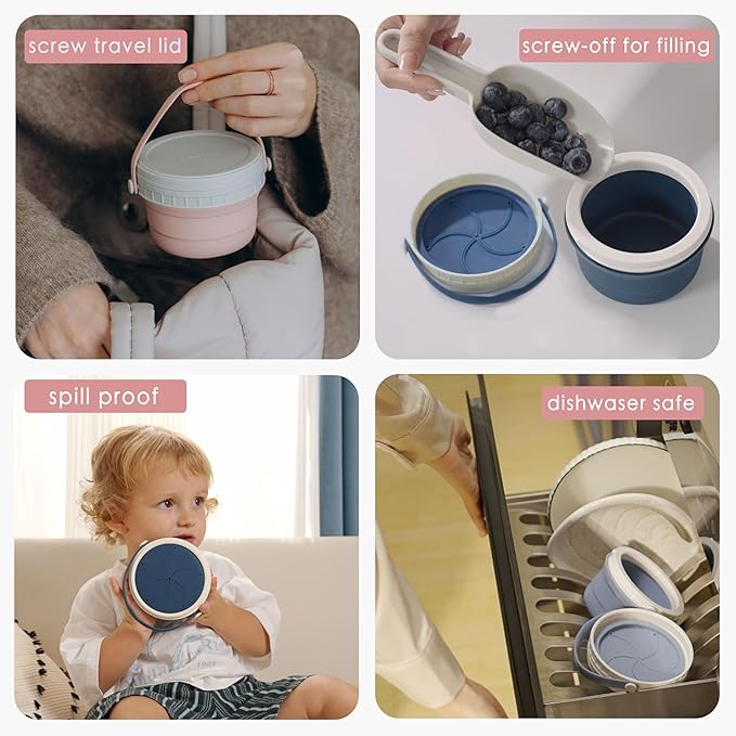 No Spill Silicone Toddler Snack Containers, Detachable Silicone Flap for Filling&Cleaning, Crumb-Free Hard Plastic Screw Travel Lid, Ultra-Soft for Baby Kids Hand In-Out, Snack Cup Holder 12 oz