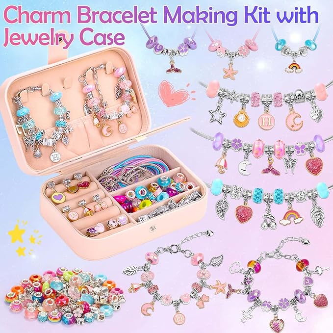 Bracelet Making Kit for Girls with Bracelet Box Charm Beads Pendants for Jewelry Making Craft Kit for Teen Girls Age 8-12 Kids Gifts Toys Birthday Valentine Christmas