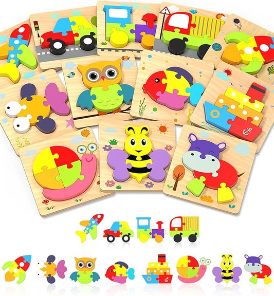 Yetonamr Wooden Toddler Puzzles Gifts Toys for 1 2 3 Years Old Boys Girls, 12 Vehicle Shape Montessori Toy Educational Blocks Kids Toys Gift Baby Learning Toy Age 1-3, 2-4