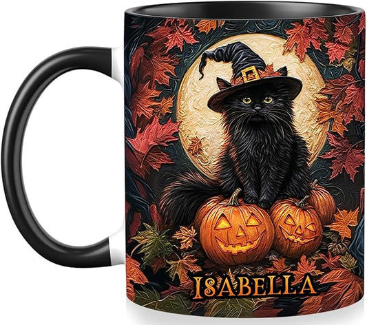 Personalized Halloween Black Cat Mug - Custom Decor Gift for Women - Spooky Season Accent Mug with Names