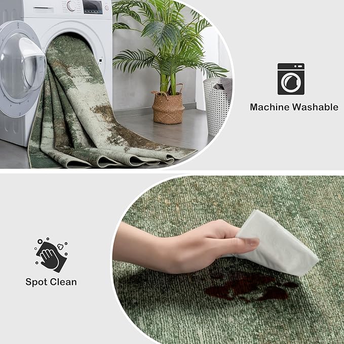 Kelarea Living Room Rug, 6x9 Rug Modern Abstract Washable Rugs Green Faux Wool Vintage Carpets, Non Slip Rugs for Bedroom, Dining Room, College Dorm, Kids Playroom, Home Office