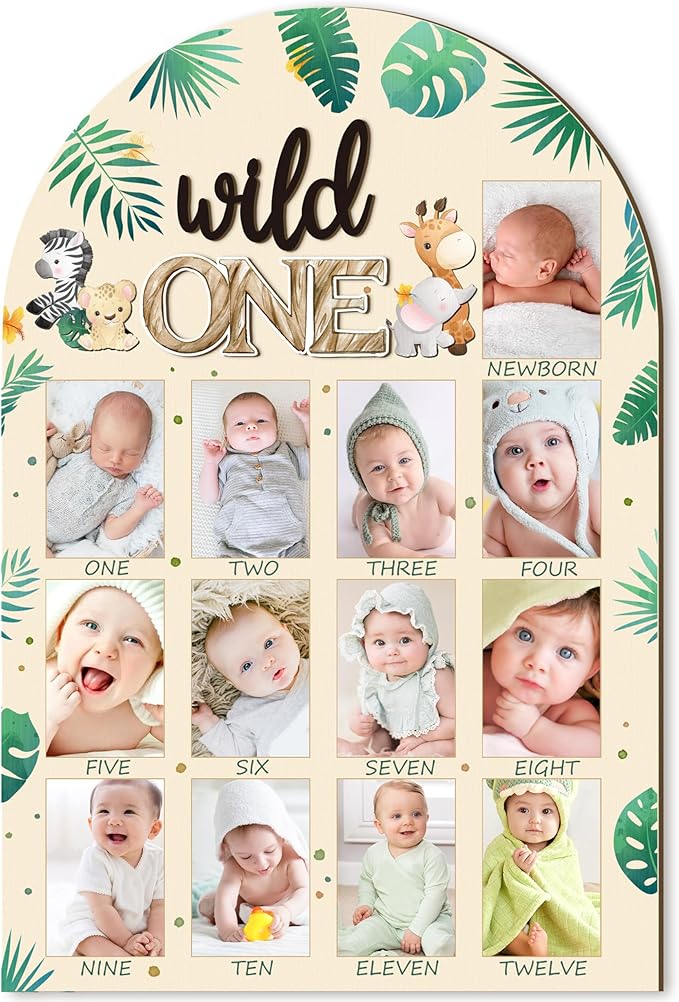 R HORSE My First Year Photo Frame Board, 3D Wild One Birthday Decoration, Jungle Themed Baby First Year Picture Frame 12 Months Milestone Display Wood Board Nursery Decor Gift for Boy Girl