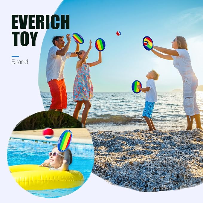 EVERICH Upgraded Toss and Catch Ball Game Set - Indoor and Outdoor Games for Kids 3-12, Beach Sand Pool Water Toy Includes 4 Paddles 4 Sticky Balls, Great Birthday Easter Gifts for Boys Girls