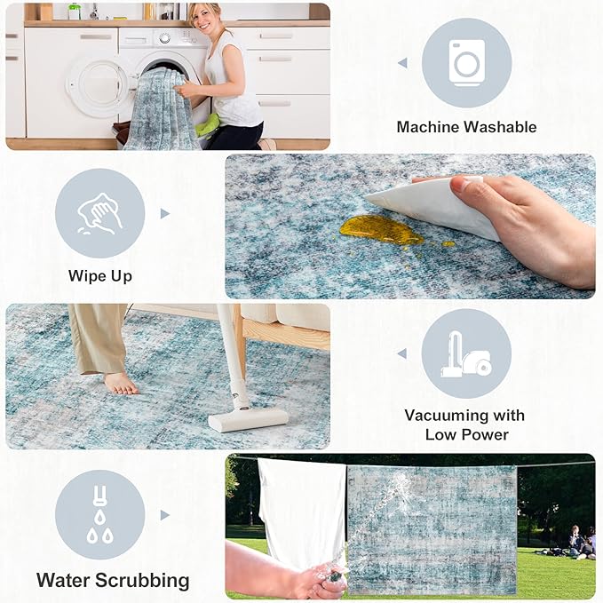 Area Rugs Living Room Rug - 5x7 Washable Modern Abstract Soft Neutral Non-Slip Carpet Large Indoor Floor Thin Carpets for Bedroom Dining Room Farmhouse Nursery Home Office Green