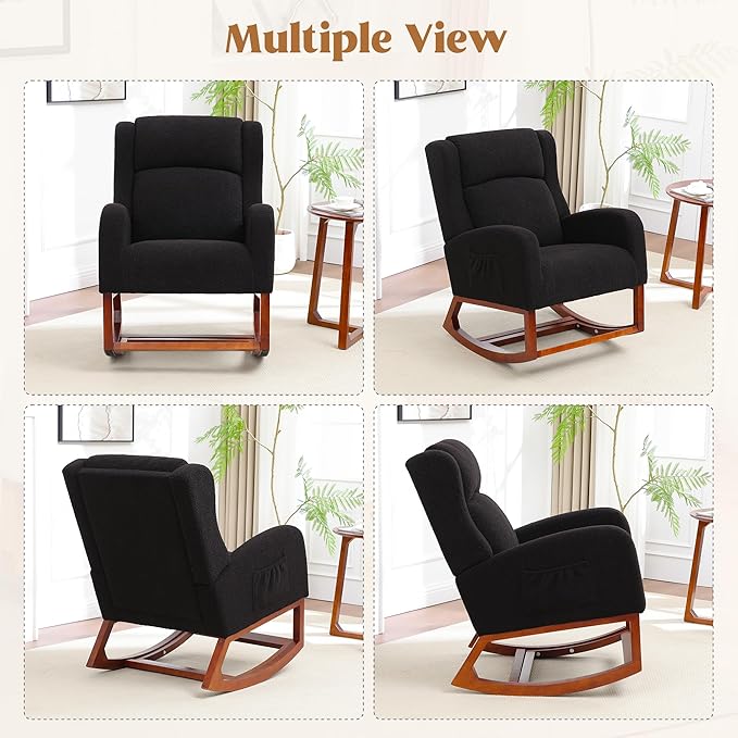 Rocking Chair Nursery, Nursing Rocking Chairs for Mom Nursery, Comfy Wingback Glider Rocking Armchair with Foot Rest and Side Pocket for Nursery Living Room Bedroom, Walnut Black