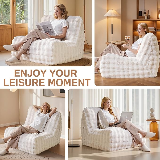 Modern Bean Bag Chair, Large Bean Bag Couch for Adults with Memory Foam Filled, Soft Faux Bunny Fur Lazy Chair for Living Room Bedroom Dorm Apartment, No Assembly Required, White