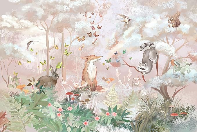 Kids Safari Wallpaper for Nursery, Woodland Fox Squirrel Rabbit Animals Wall Mural Pink Forest Wallpaper for Bedroom Living Room Children's Room(Not Self-Adhesive)