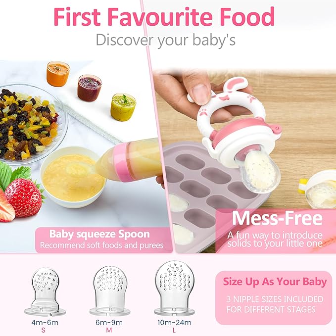 WAJIAYON Baby Fruit Feeder Pacifier - 6 Pack | 2 Infant Food Feeder Pacifier & 2 Baby Food Dispensing Spoon | Fresh Fruit Teethers for Babies | Silicone Feeder Babies,Infant Teething Feeders -Pink