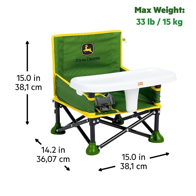 Bright Starts John Deere Pop 'N Sit Portable Booster Chair, Floor Seat, Indoor/Outdoor Use, Compact Fold, Green and Yellow, 6 Mos - 3 Yrs