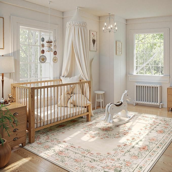 Wonnitar Floral Bow Print Washable 8x10 Rug, Beige Rugs for Living Room, Boho Non Slip Ultra-Thin Soft Neutral Carpet for Nursey Kids Room Dorm Living Room, Beige