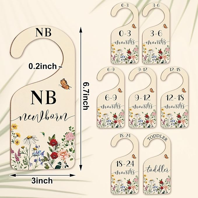 Whaline 8Pcs Vintage Wildflower Hanging Wood Baby Closet Size Dividers and Organizer - Newborn to 24 Months - Thicken Wardrobe Organizer for Home Nursery
