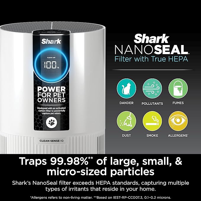 Shark Air Purifier For Home Pets, Allergies, Pet Hair, HEPA Air Filter, 500 Sq Ft, Small Room, Bedroom, Odor Eliminator Clean Sense, Captures 99.98% of Particles, Pet Dander, Fur, Allergens HP102PET