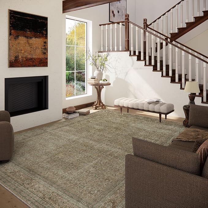 Washable Area Rugs for Living Room: 5x7 Bedroom Rug Boho Vintage Rugs Stain Resistant Non Slip Low Pile Lightweight Soft Carpets for Dining Room Kitchen Nursery Kids Room Farmhouse Living Room