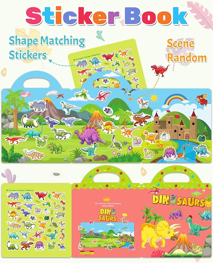 Benresive Reusable Sticker Book for Toddlers 2-4 Years, Fun Travel Stickers for Kids, Waterproof Sticker Books for Toddlers 1-3, Crafts Activities for Todddlers 1-3 2-4 3-5 - Dinosaurs