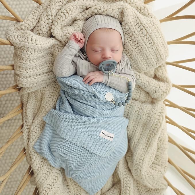 Organic Cotton Heritage Knit Receiving Blanket for Boys - 100% Luxury Soft Organic Cotton - Warm Cozy Swaddle Cuddle Crib Blanket for Newborns Infants & Toddlers (0-2Yrs - Sky Blue)
