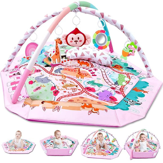 Baby Gym Play Mat, 8-in-1 Tummy Time Mat & Activity Gym, Washable Ball Pit, Infant Play Mat with Detachable Toys for Sensory Exploration and Motor Skill Development